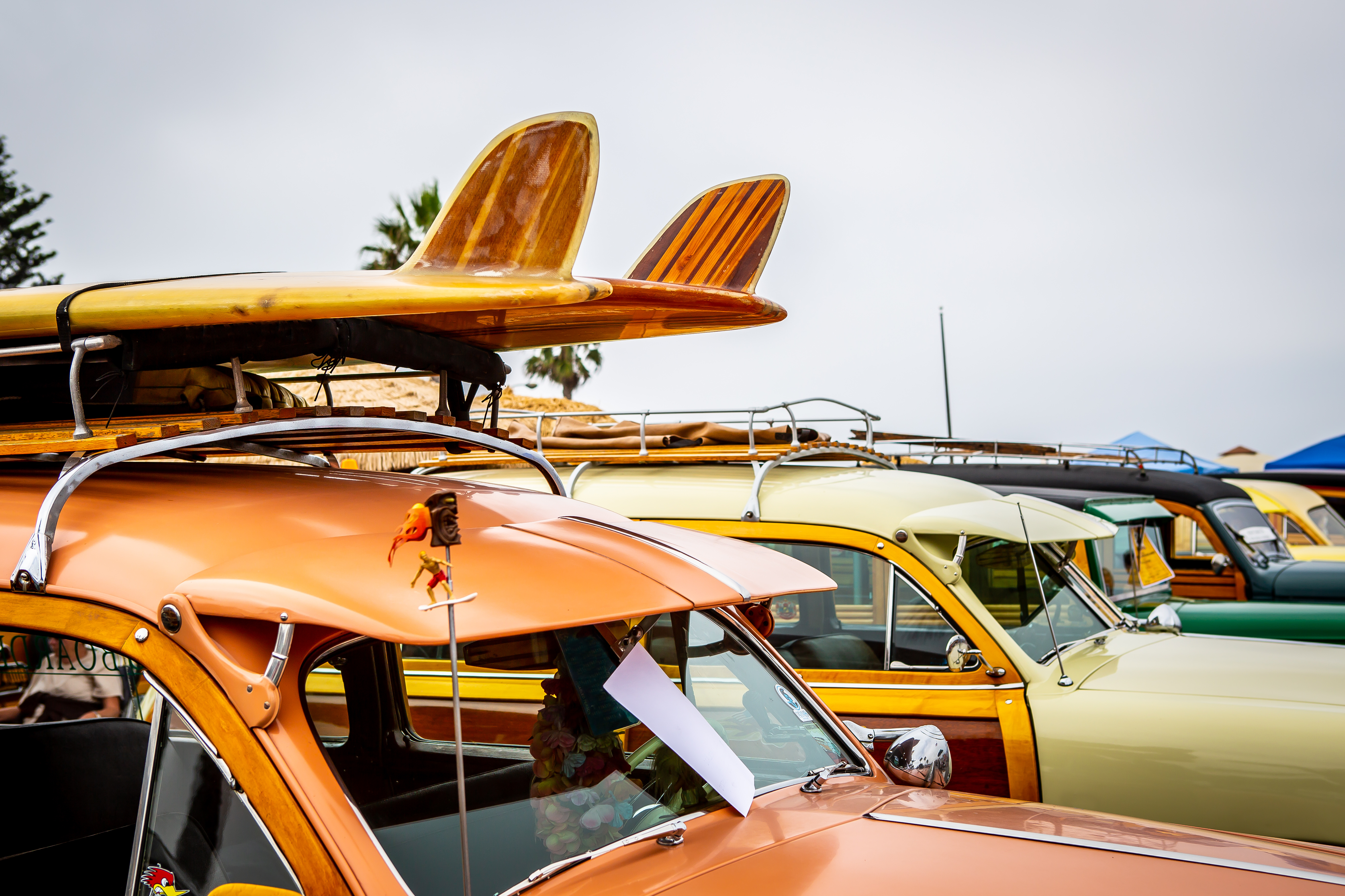 Classic woody wagons with longboards — Encinitas surf culture